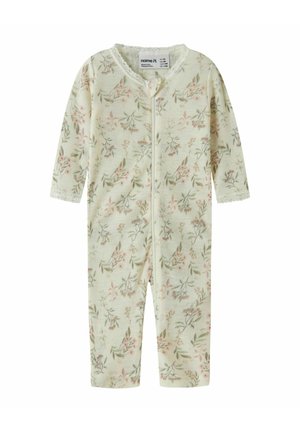 Babycreme-heldragt med rosa og grøn blomstret print, lange ærmer, blondekant ved ærmer og krave samt lynlås foran.