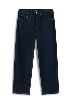 Dark blue straight-leg jeans with front pockets, belt loops, and a small logo on the right coin pocket, displayed flat on a white background.