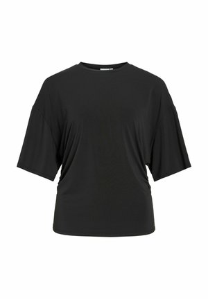 Zwarte oversized T-shirt met korte mouwen, ronde halslijn en een ontspannen pasvorm.
