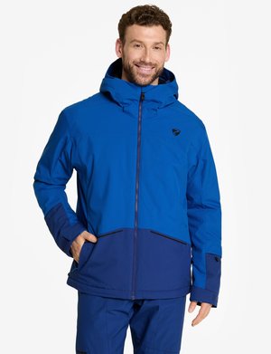 Blaue wasserdichte Jacke mit Kapuze, die ein zweifarbiges Design aufweist, mit Frontreißverschluss und Taschen. Glatte Textur und verstellbare Bündchen.