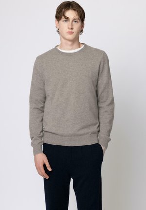 Giovane uomo dalla pelle chiara e capelli castani indossa un maglione beige girocollo sopra una camicia bianca e pantaloni scuri, in piedi davanti a uno sfondo uniforme.