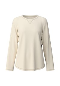 Maglietta a maniche lunghe color beige chiaro realizzata in tessuto morbido. Presenta un colletto rotondo con un leggero accento a forma di V e cuciture tonali lungo i bordi.