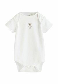Short-sleeve white baby bodysuit made of soft fabric, featuring a small embroidered teddy bear design on the front and snap closures at the bottom.