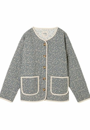 Gesteppte Jacke in Hellblau mit kleinem Blumenmuster, cremefarbenen Paspeln, rundem Ausschnitt und vier Knöpfen. Mit zwei aufgesetzten Taschen vorne.