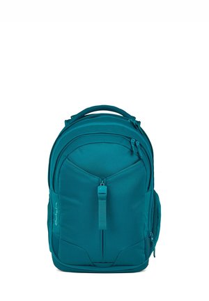 Sac à dos turquoise en tissu lisse et durable ; possède plusieurs compartiments et une poche avant avec fermeture éclair ; bretelles rembourrées.