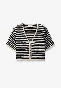 Top court en tricot rayé noir et crème avec des manches courtes, un décolleté en V et un détail de lien à l'avant. Motif texturé sur l'ensemble.