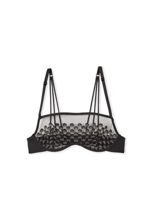 Schwarzer-BH mit mesh Rückenteil und dekorativen runden Akzenten. Verfügt über verstellbare Träger und ein strukturiertes Design für Unterstützung.