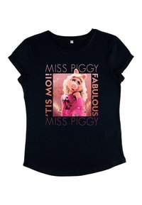 Svart T-shirt med korta ärmar som har ett grafiskt tryck av en karaktär i pink klädsel, omgiven av texten "MISS PIGGY" och "FABULOUS."