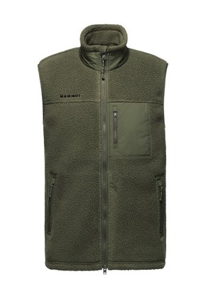 Olivgrüne Fleece-Weste mit durchgehendem Reißverschluss, hohem Kragen, einem Reißverschluss-Brusttasche, zwei Reißverschluss-Seitentaschen und dem "Mammut"-Logo auf der Brust.