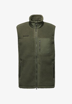Gilet in pile verde oliva con zip frontale completa, colletto alto, tasca sul petto con zip, due tasche laterali con zip e logo "Mammut" sul petto.