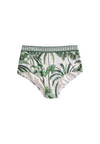 Hög midja bikiniunderdelar i ett ljuskrämsfärgat tyg med ett mönster av gröna palmer och en dekorativ grönt mönstrad midjeband.