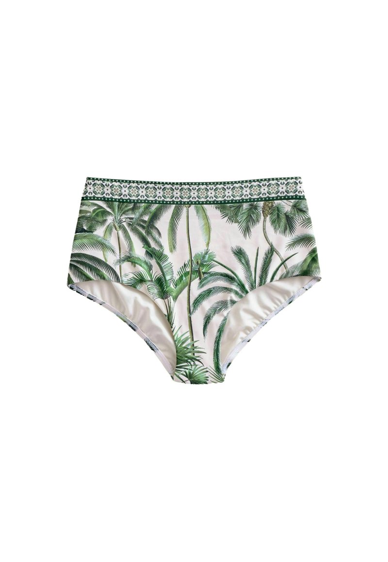 Hög midja bikiniunderdelar i ett ljuskrämsfärgat tyg med ett mönster av gröna palmer och en dekorativ grönt mönstrad midjeband.