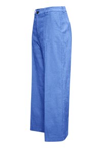 Blå kordflorse wide-leg byxor med en texturerad yta, med knappstängning och framfickor för praktisk användning.
