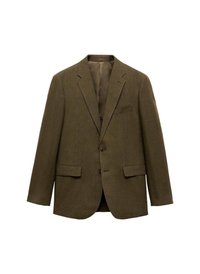 Blazer verde olive, realizat dintr-un material texturat, dotat cu rever în formă de cioc, două nasturi și două buzunare frontale. Design clasic, ajustat.