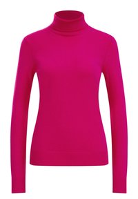 Maglione a collo alto aderente di un brillante colore rosa, realizzato in materiale a maglia liscia. Presenta maniche lunghe e polsini e orlo a coste.