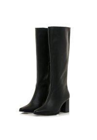 Knöchelhohe schwarze Lederstiefel mit spitzer Zehenform, quadratischem Absatz und seitlichem Reißverschluss, mit glatter Textur und minimalistischem Design.