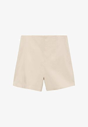 Beige tailored shorts with a smooth texture, featuring a high waist and front crease lines. No visible pockets or embellishments.