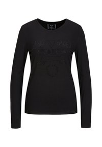 Zwart T-shirt met lange mouwen en ronde hals, met een glanzend strasssteendessin met de tekst "1969 ITALIA" en een schildgrafiek.