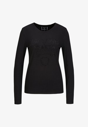 Schwarzes Langarm-T-Shirt mit rundem Ausschnitt, das ein glänzendes Strass-Design mit der Aufschrift "1969 ITALIA" und eine Schildgrafik zeigt.