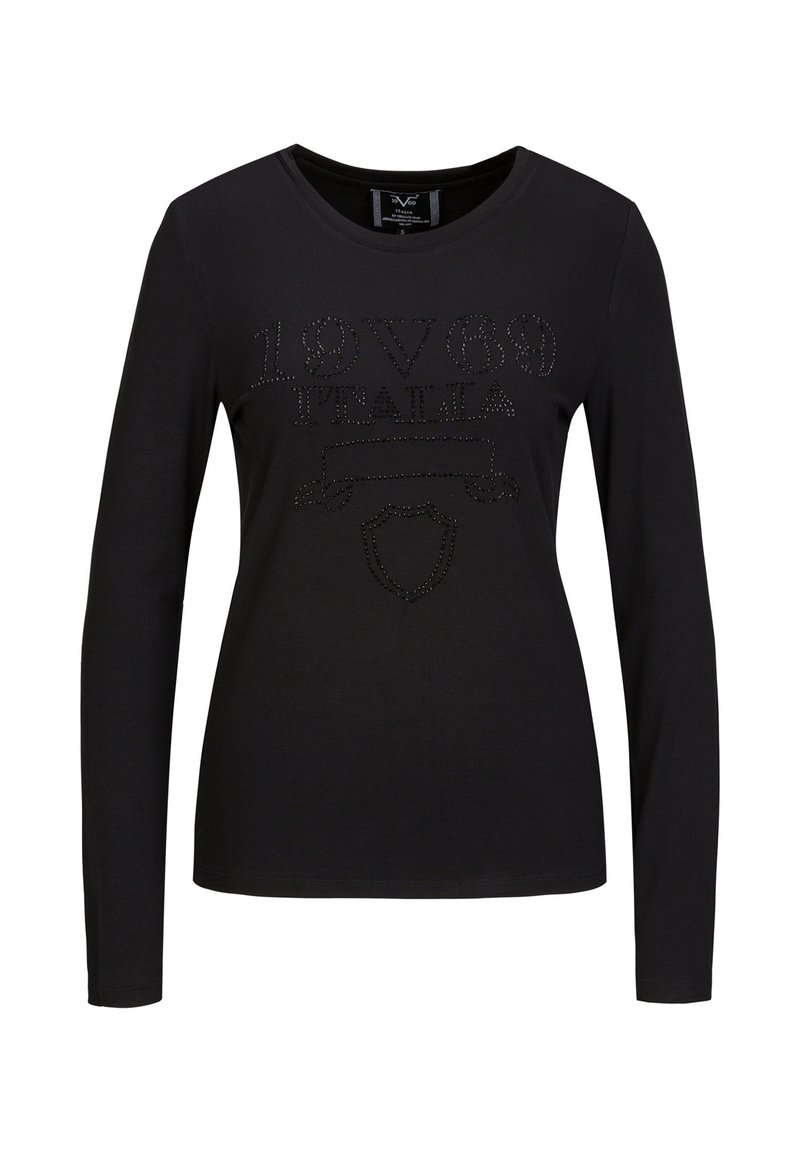 Zwart T-shirt met lange mouwen en ronde hals, met een glanzend strasssteendessin met de tekst "1969 ITALIA" en een schildgrafiek.