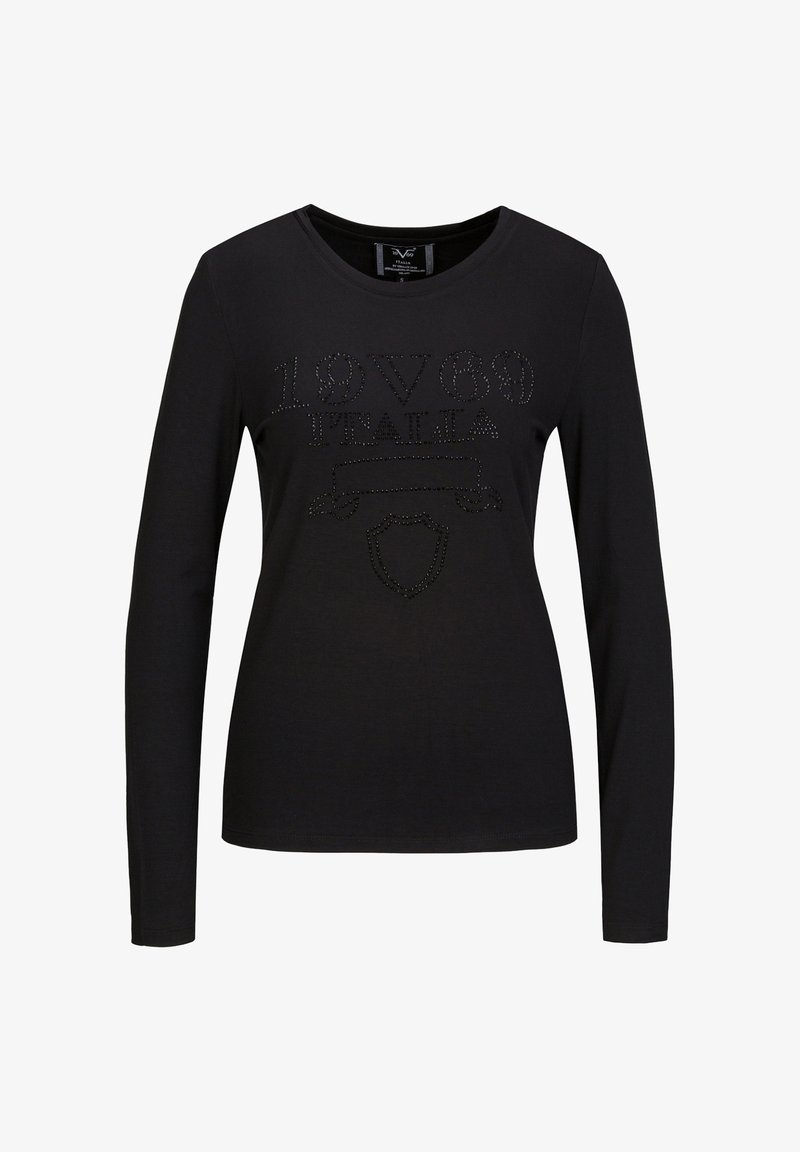 Zwart T-shirt met lange mouwen en ronde hals, met een glanzend strasssteendessin met de tekst "1969 ITALIA" en een schildgrafiek.