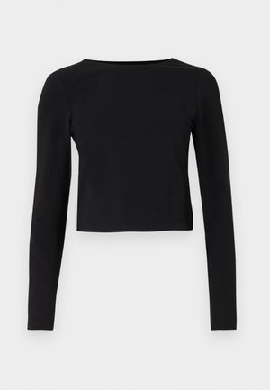 Black cropped long-sleeve top made of smooth fabric. Features a rounded neckline and fitted sleeves, without patterns or accents.