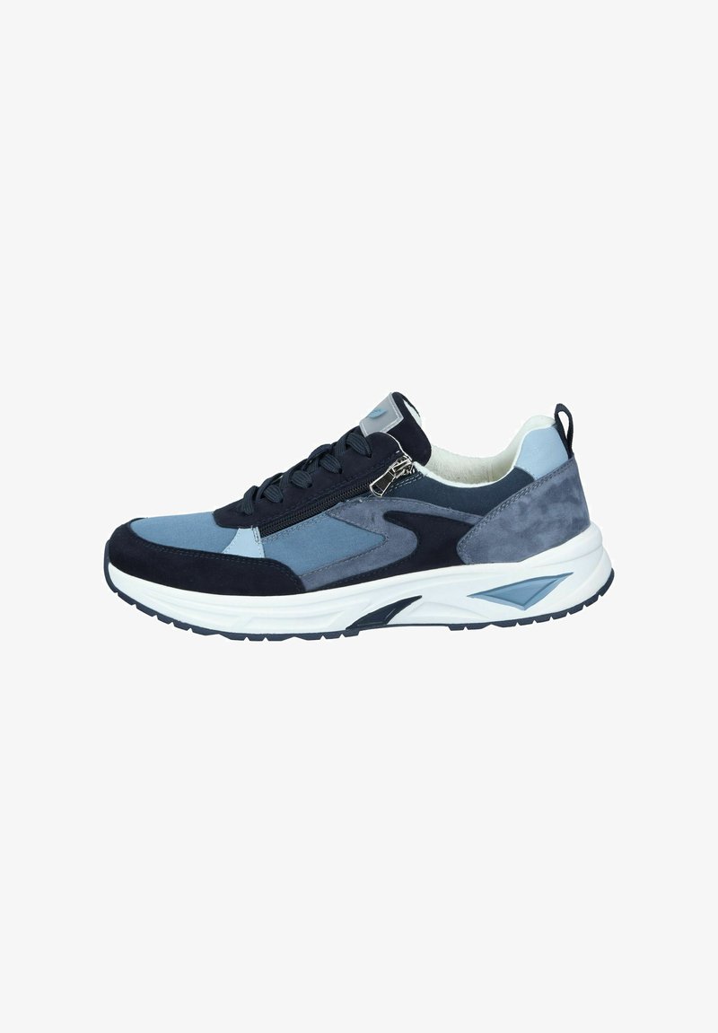 Marineblaue und hellblaue Sportschuhe aus Wildleder und Mesh-Materialien, mit einem Reißverschluss, strukturiertem Sohlenprofil und klobigem Design.