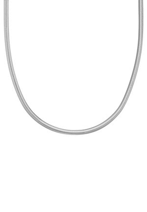 Collana in argento a catena flessibile, con una forma rotonda liscia e una texture uniforme, caratterizzata da un design senza giunture e senza chiusure visibili.