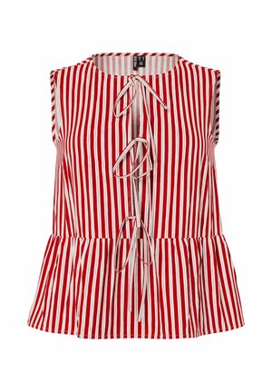 Ujjatlan piros-fehér függőleges csíkos blúz peplum szegéllyel és három elöl megkötős záródással.