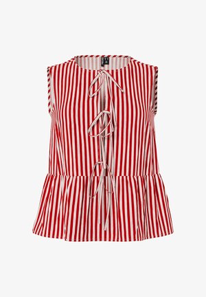 Ujjatlan piros-fehér függőleges csíkos blúz peplum szegéllyel és három elöl megkötős záródással.