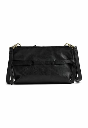 Borsa a tracolla nera in pelle con due fasce frontali, chiusura a zip e tracolla rimovibile. Texture liscia con hardware minimale.