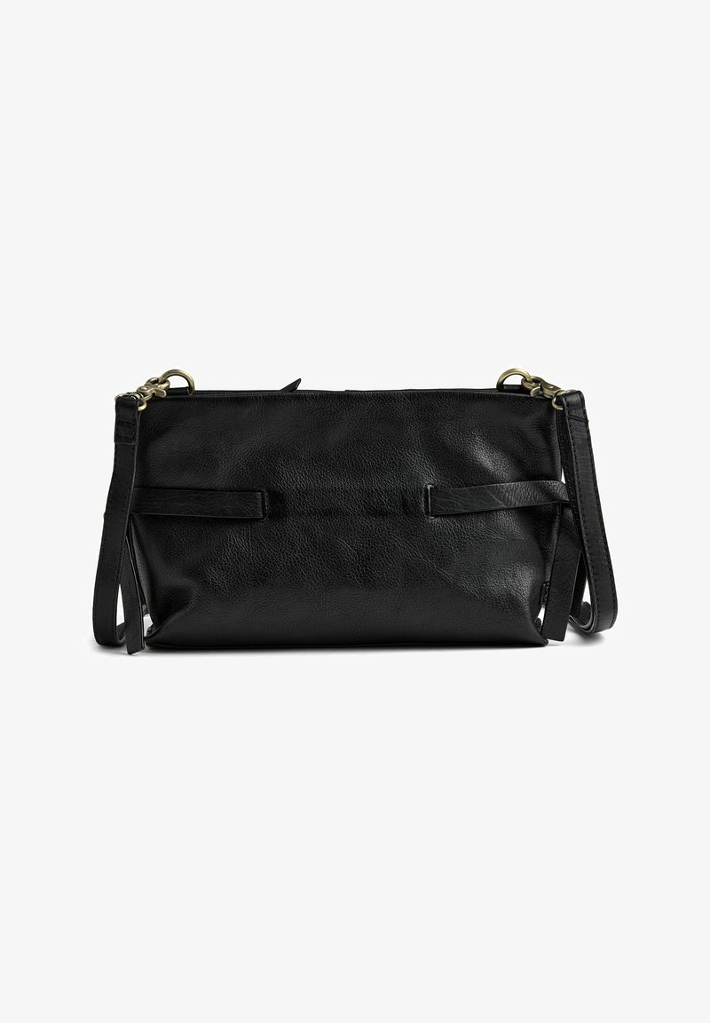 Juodas odinis rankinukas su dviem priekiniais diržais, užtrauktuku ir nuimamu peties diržu. Lygi tekstūra su minimaliu metaliniu apdailu.