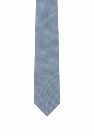 Blue tie with a textured pattern, featuring diagonal stripes. Slim design with a pointed tip, made from a smooth fabric.