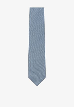Blue tie with a textured pattern, featuring diagonal stripes. Slim design with a pointed tip, made from a smooth fabric.
