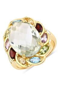 Bague en or avec une grande pierre précieuse claire, ovale et facettée au centre, entourée de pierres précieuses taillées en marquise de différentes tailles et de différentes couleurs.