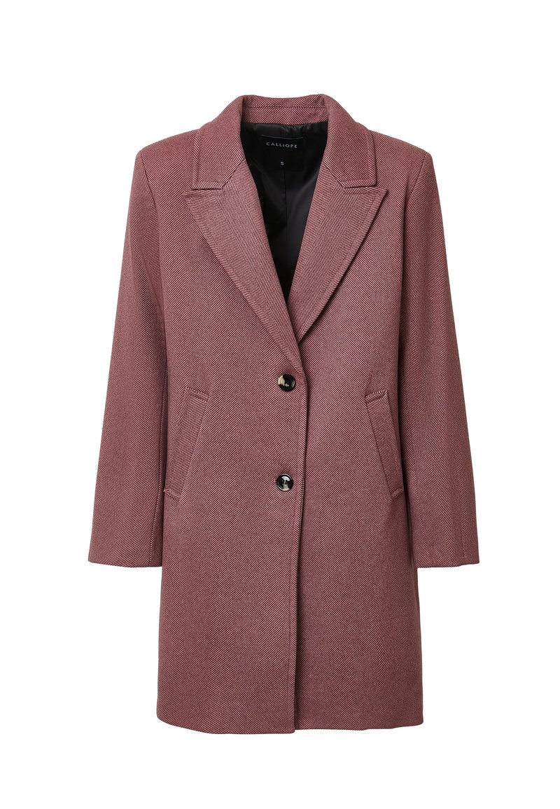Cappotto rosa antico a tre quarti in motivo a spina di pesce per donna, con revers, due bottoni frontali e tasche a fessura.