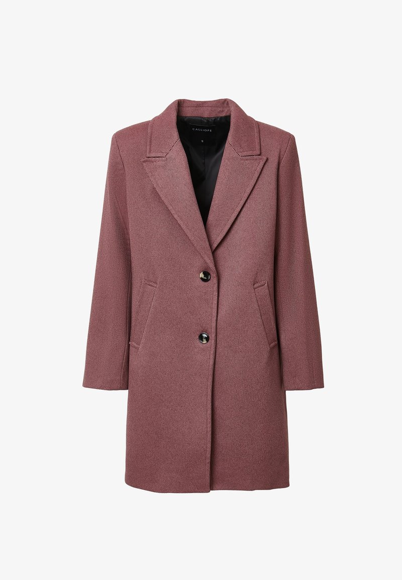 Cappotto rosa antico a tre quarti in motivo a spina di pesce per donna, con revers, due bottoni frontali e tasche a fessura.