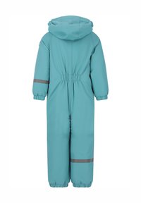 Teal vattentät enstycksdräkt med huva, elastisk midja och grå reflexstreck på ärmar och ben. Slät ytteryta, avslappnad passform.