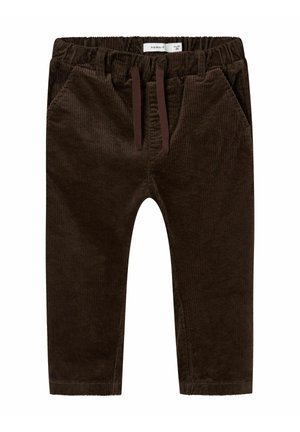 Braune Cordhosen mit elastischem Bund, verstellbarem Kordelzug und zwei seitlichen Taschen; sie verfügen über eine vertikale Rippstruktur.