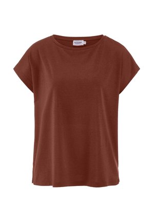 Korte mouw bruin T-shirt met een ronde hals, in een losse pasvorm en met kleine zijslits, weergegeven tegen een witte achtergrond.