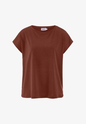 Braunes T-Shirt mit kurzen Ärmeln und Rundhalsausschnitt, lockere Passform und kleinen Seitenschlitzen, vor einem weißen Hintergrund präsentiert.