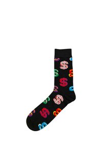 Chaussette noire avec des motifs de signes dollar multicolores en rouge, vert, bleu, violet, jaune et blanc dispersés sur le tissu.