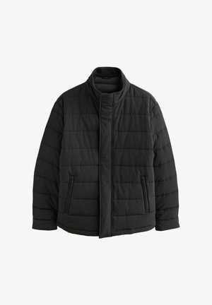 Doudoune noire rembourrée avec un col montant, dotée d'une texture matelassée horizontale, de poches zippées à l'avant et d'une coupe droite.