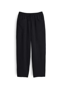 Pantalon de survêtement noir avec taille élastique et cordon de serrage ajustable, équipé de deux poches latérales et d'une coupe droite.