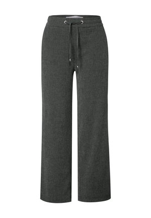 Pantaloni grigi a gamba larga realizzati in tessuto testurizzato, con vita elastica dotata di cordoncino e occhielli in tonalità argento.