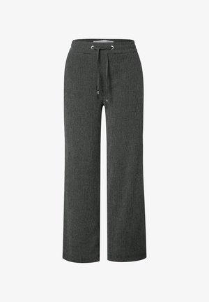 Graue weit geschnittene Hose aus strukturiertem Stoff, mit einem elastischen Bund und Zugband sowie silberfarbenen Ösen.