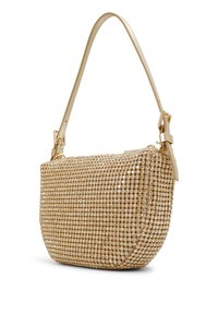Small gold evening bag covered in sparkling rhinestones with a slim pale gold adjustable shoulder strap and buckle.