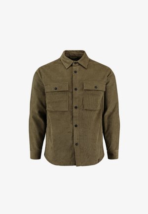 Chemise en velours côtelé vert olive avec des boutons noirs, deux poches poitrine, col standard et texture côtelée. Manches longues avec bords à revers.