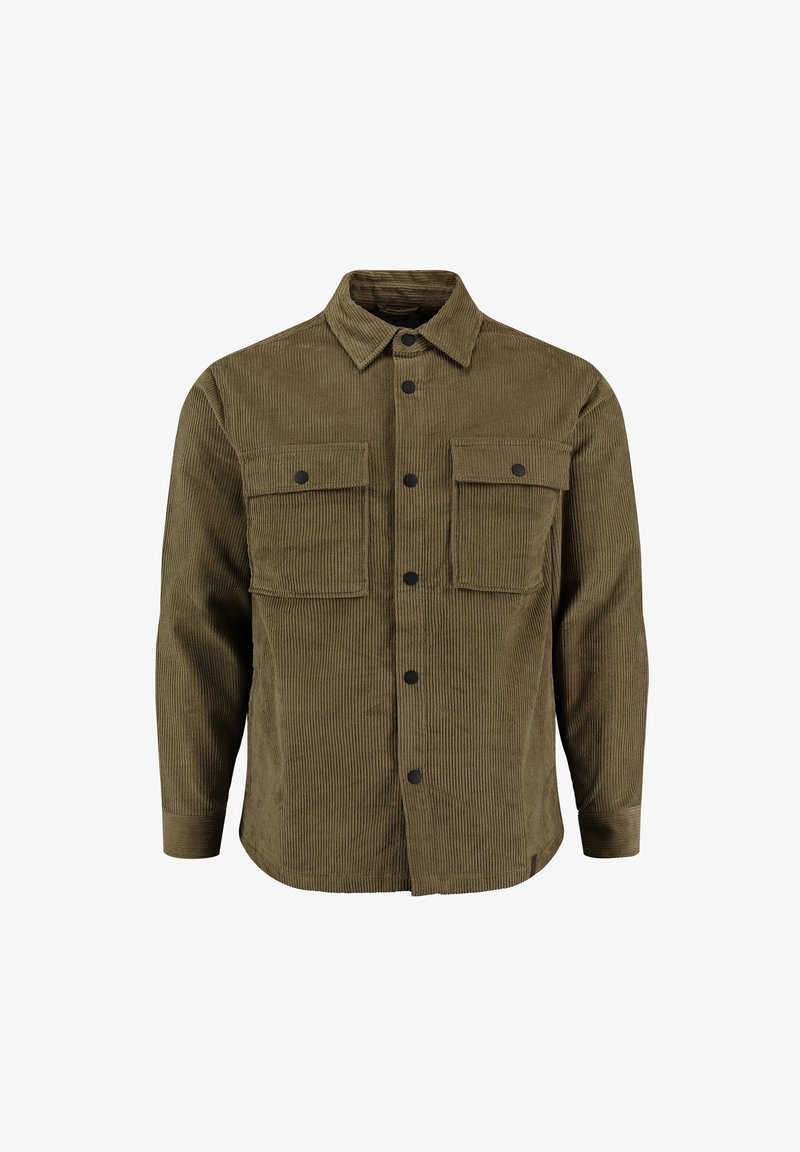 Camicia in corduroy verde oliva con bottoni neri, due tasche sul petto, colletto classico e texture a coste. Maniche lunghe con orli a polsino.