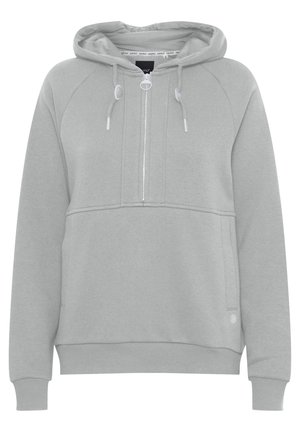 Helles graues Hoodie mit einem Frontreißverschluss, Kapuze mit Kordelzug und Kängurutasche. Verfügt über gerippte Bündchen und Saum, aus weichem Material gefertigt.